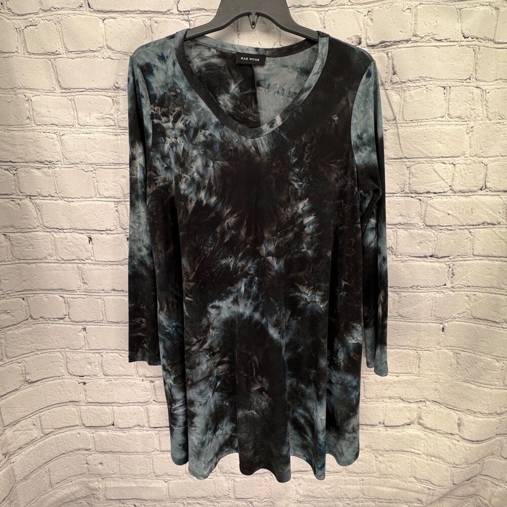 Rae Mode Dress 1XL Tie Dye V-Neck LS Pockets Knee Length Stretch Goth Witchy